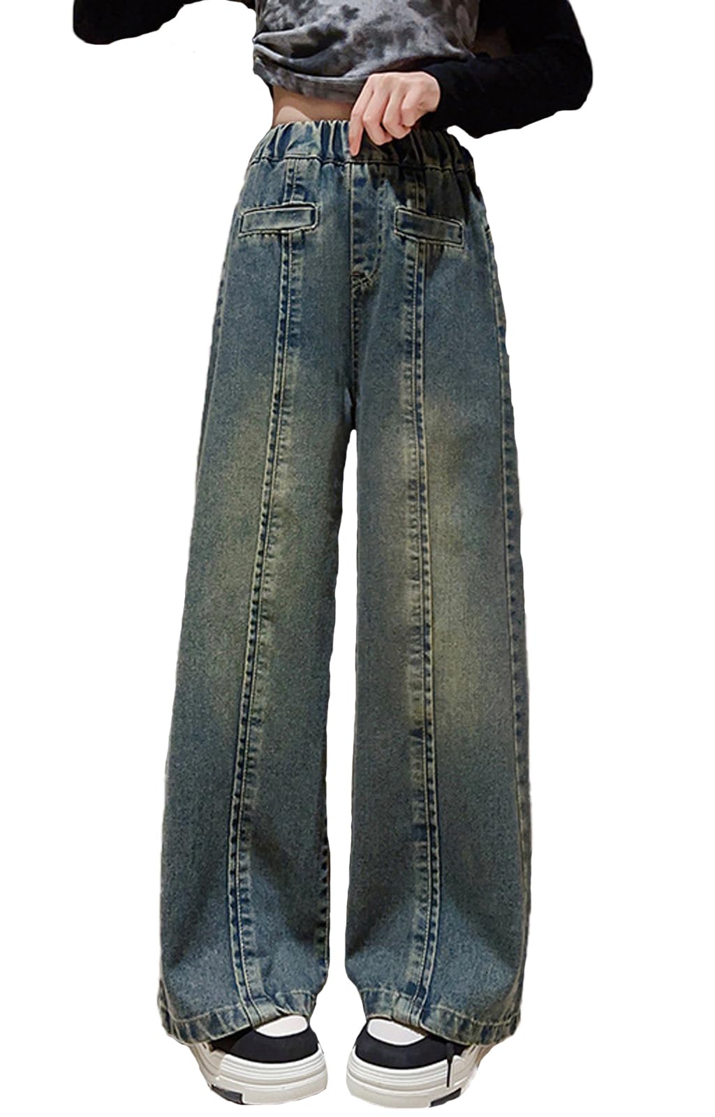 Perssia LittleTrend™ Wide Leg Jeans- Kids Girls Fashion Wide Leg Jeans Elastic Waist Denim Pants Age 5-14(Blue117-8 Years) - PERSSIA