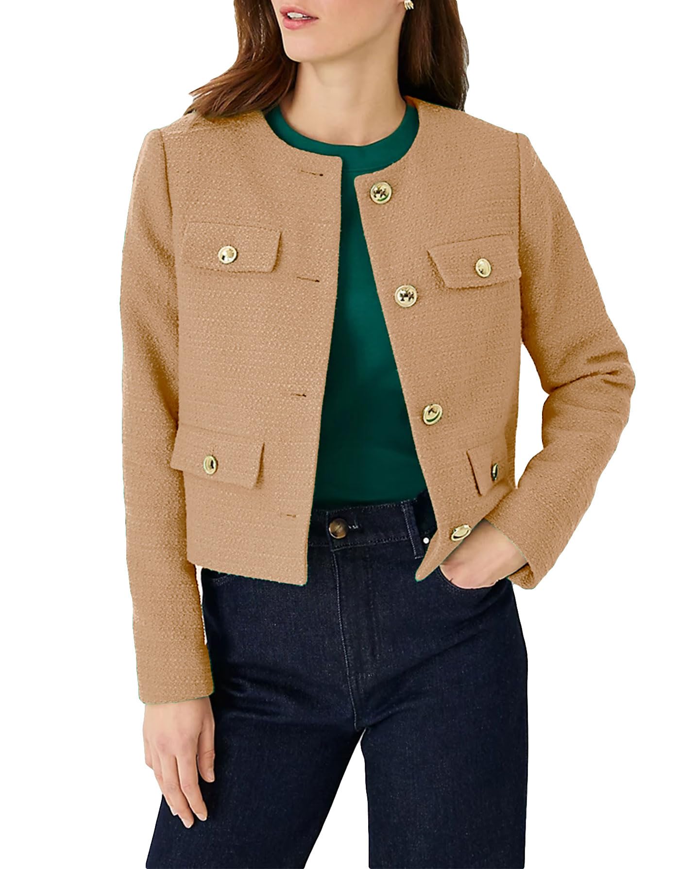 Perssia LuxeTweed™ Cropped Blazer — 2024 Old‑Money Collarless Jacket (Khaki) - PERSSIA