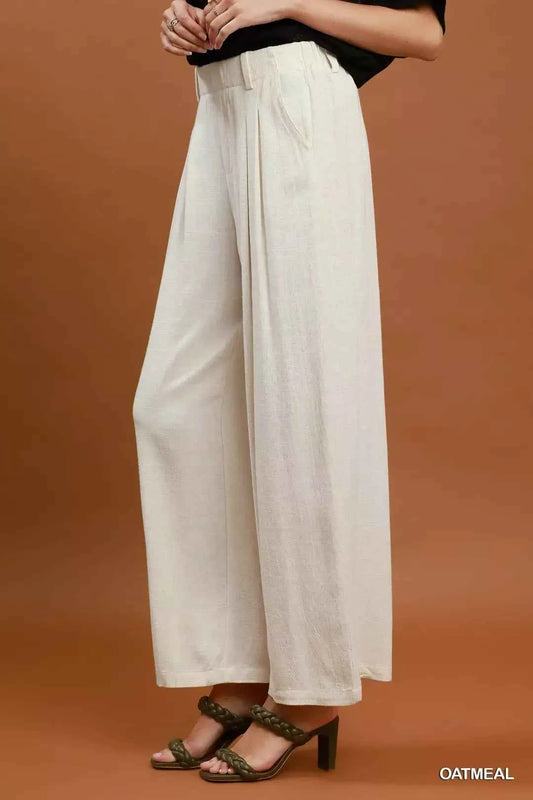 Umgee High Waist Linen Blend Wide Leg Trousers - TreUS