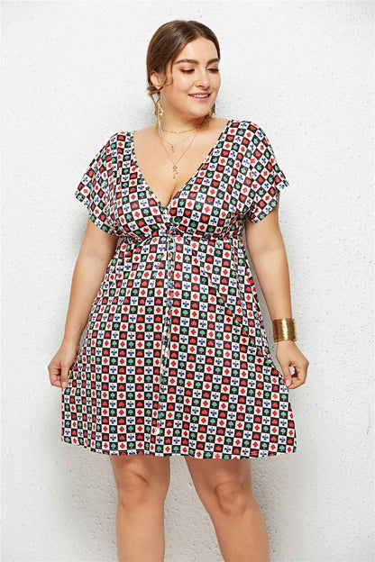 Deep V-Neck Printed Dress with Elastic Waist
