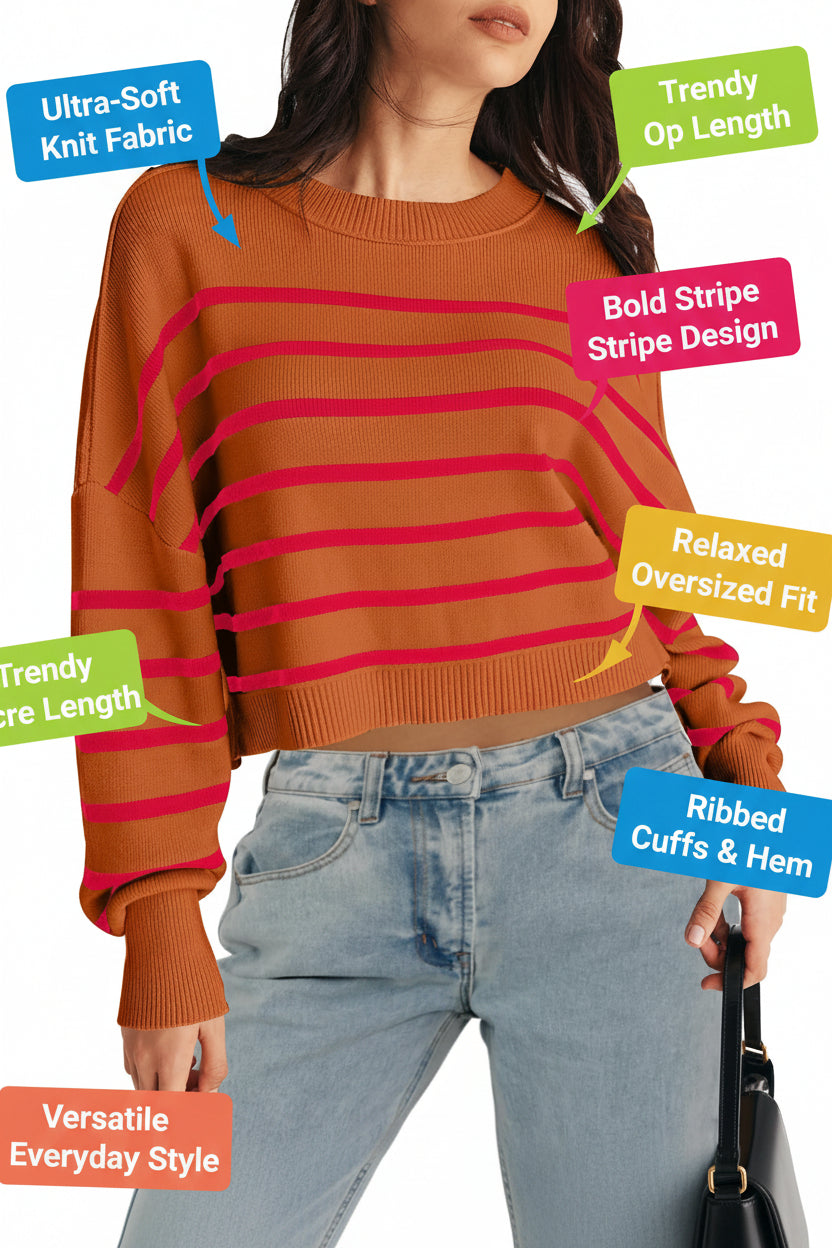 MEROKEETY Striped Ribbed Knit Crop Sweater – Chili Large-US2D