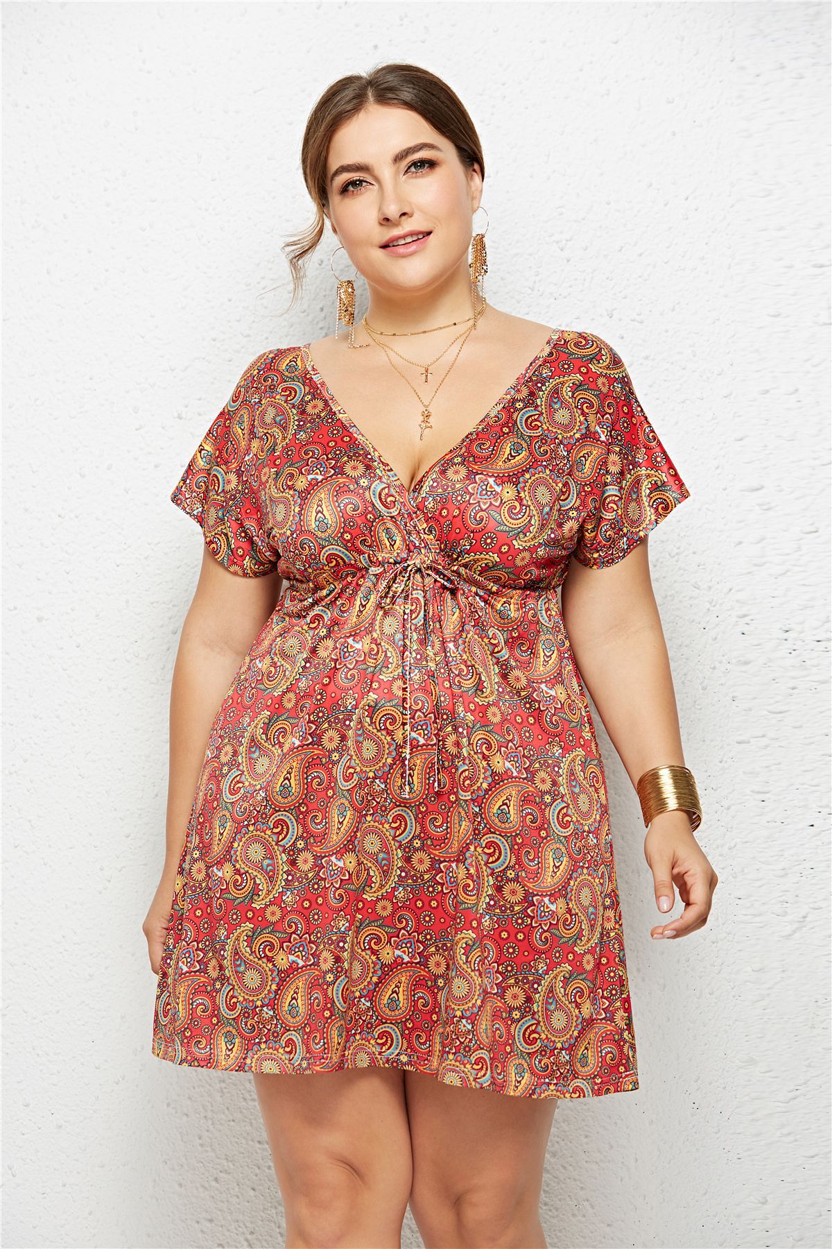 Deep V-Neck Printed Dress with Elastic Waist - PERSSIA