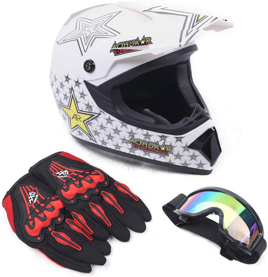 Youth Kids Offroad Gear Combo Helmet Gloves Goggles DOT Motocross Off-Road Racing ATV Dirt Bike Protector (#1, M)