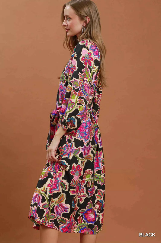 Umgee Abstract Print Embroidered Belted Midi Dress - TreUS