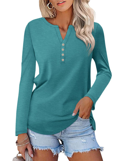 TICTICMISS Womens Tunic Tops Trendy Fall Long Sleeve Shirts Casual Henley Tops Loose Fit Turquoise-US