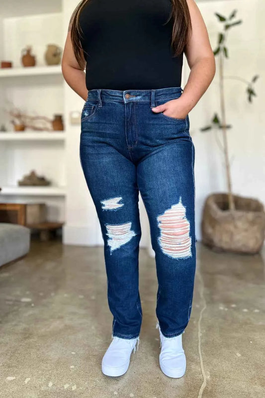 Judy Blue Full Size High Waist Rigid Magic Heavy Destroy Straight Jeans-TreUS2D