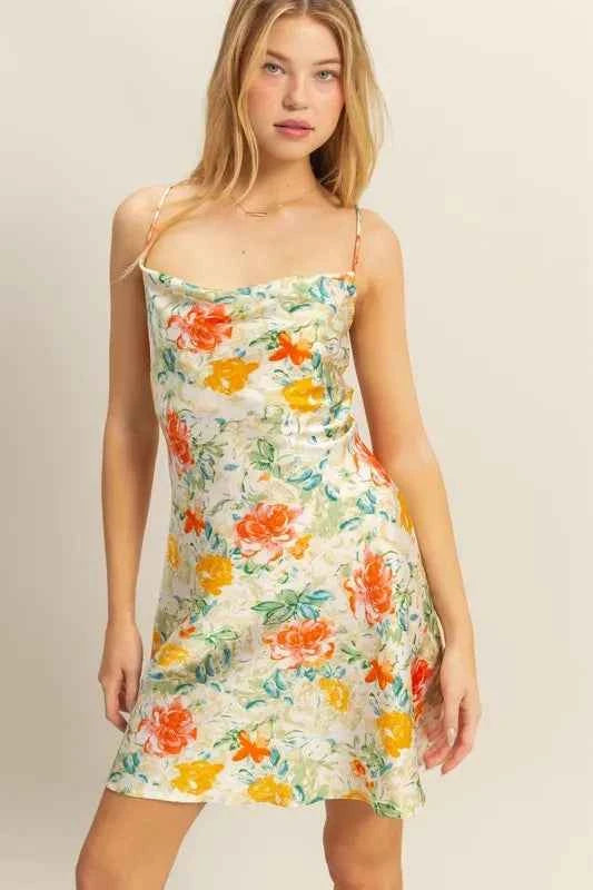 HYFVE Floral Cowl Neck Flirty Satin Mini Dress – Apple Green - TreUS