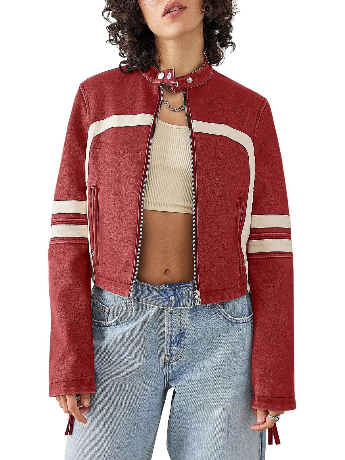 Perssia MotoLuxe™ Cropped Faux Leather Jacket — Stand Collar Zip‑Up Moto Coat - PERSSIA