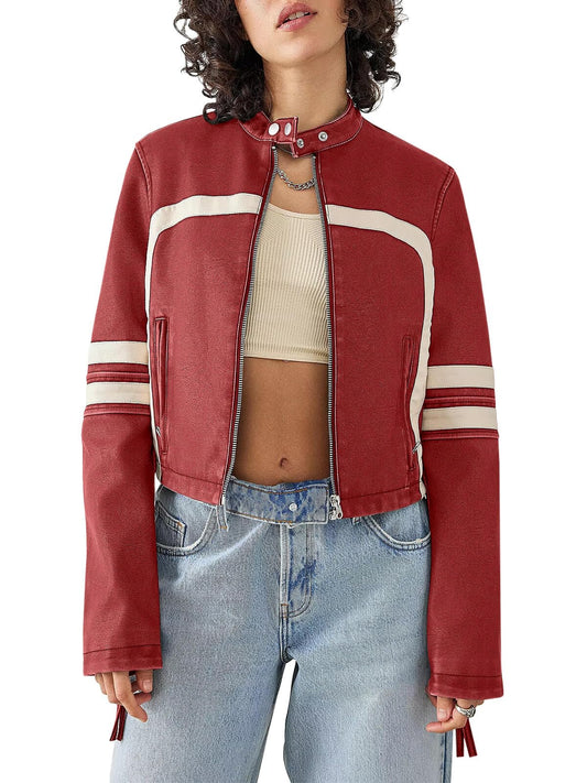 Perssia MotoLuxe™ Cropped Faux Leather Jacket — Stand Collar Zip‑Up Moto Coat - PERSSIA