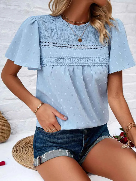 Devine Swiss Dot Smocked Round Neck Short Sleeve Blouse- TreUS