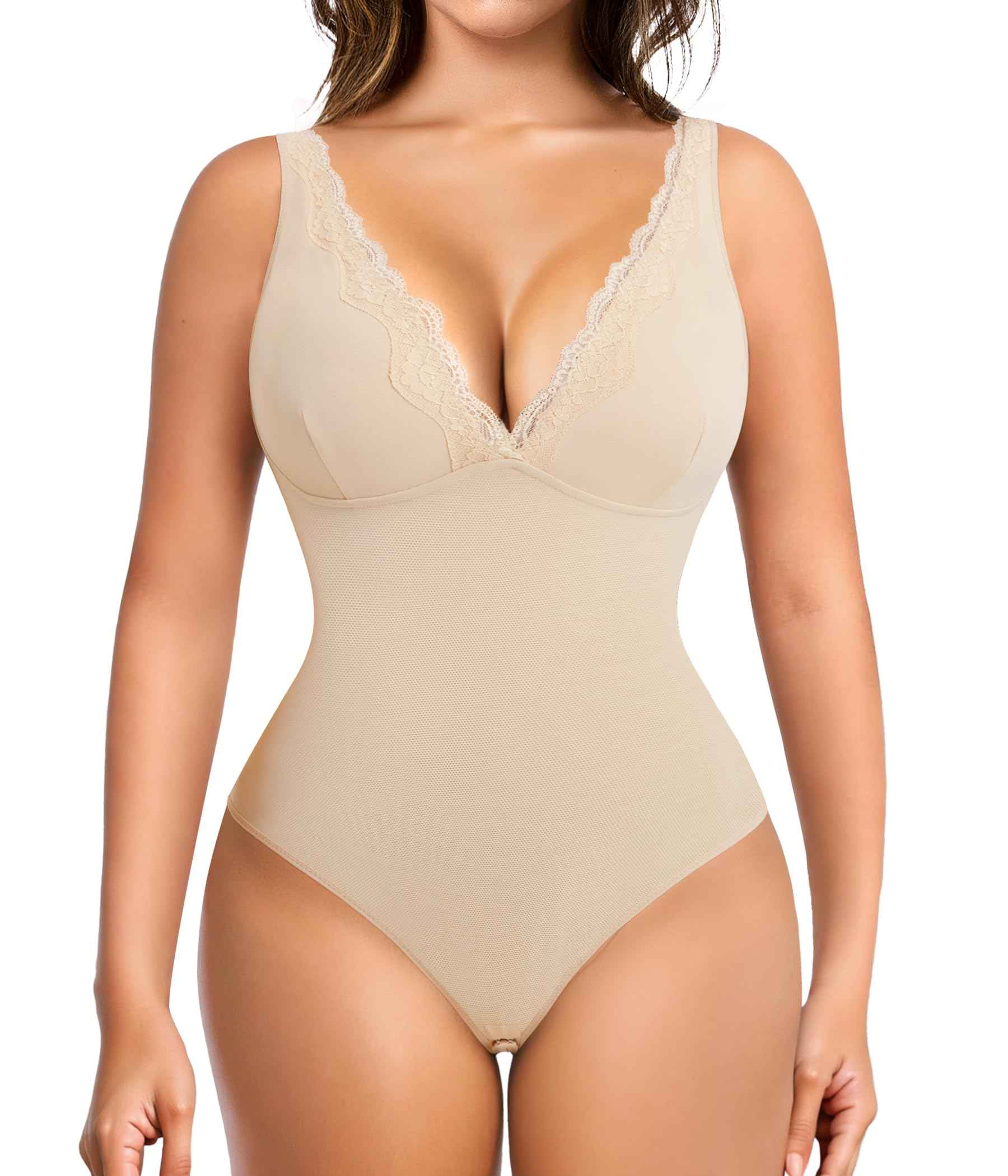 “LUMISNATCH™ LACE SCULPT BODYSUIT” MERYOSZ Shapewear Bodysuit Tummy Control Body Shaper for Women V Neck Bodysuits Thong Lace Camisoles Jumpsuit Tops (Beige X-Large)