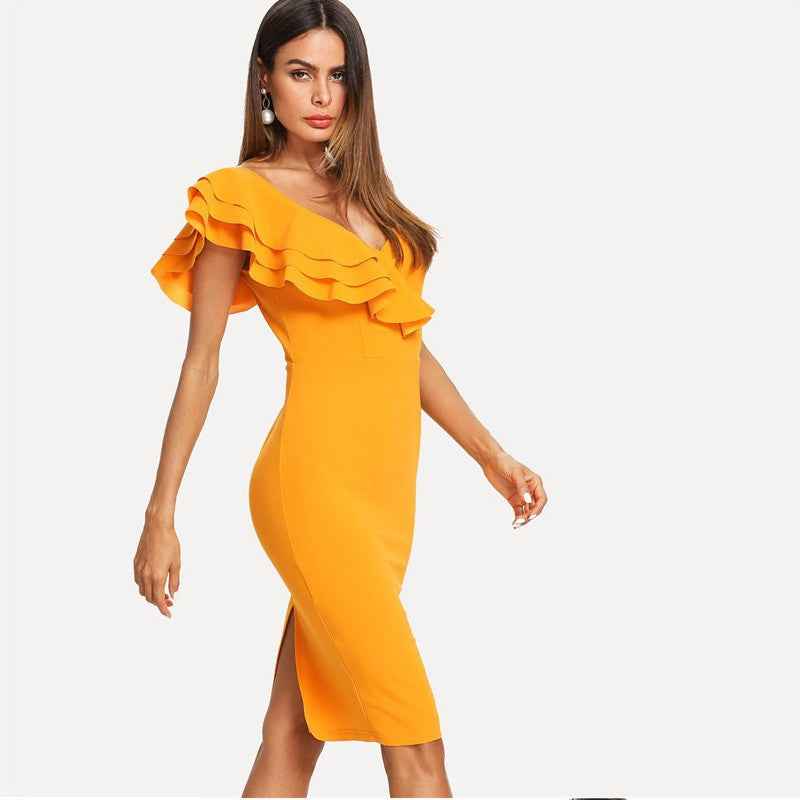 Deep V-Neck Ruffle Dress