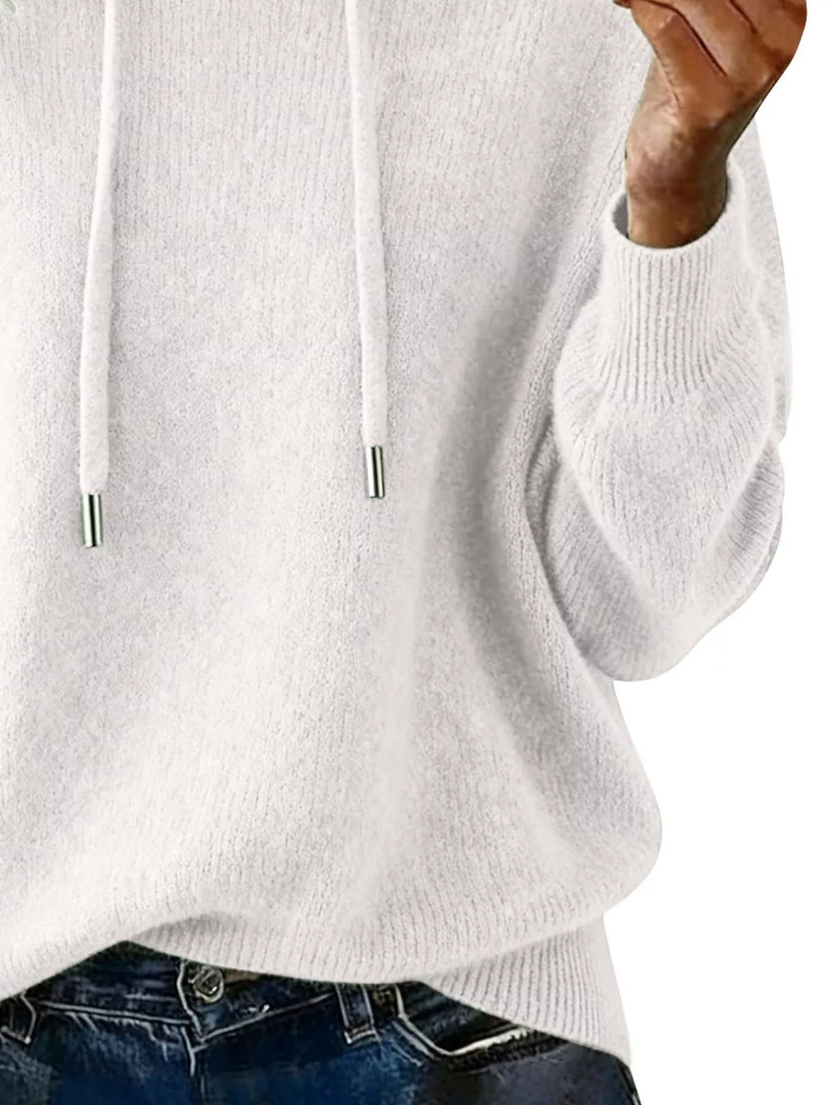 White hoodie worn by a person on a white background