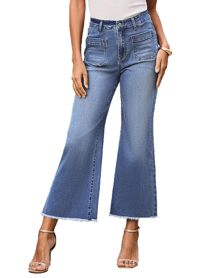 Perssia CurveGlow™ Wide Leg Jeans High Waisted Wide Leg Jeans Stretchy Trendy Raw Hem Denim Pants with Pocket Blue Size 10 - PERSSIA