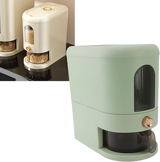 Perssia GrainMaster™ 25‑Lb Rice & Cereal Dispenser (Green) with Measuring Cup & Time Scale Measuring Cylinder Built-in Fresh Box Moisture Proof Dry Food Rice Container for Home Kitchen Pantry - PERSSIA