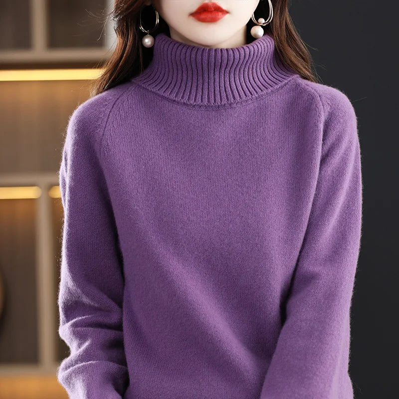 Womens 100 % Merino Wool High Neck Sweater Top-INT8