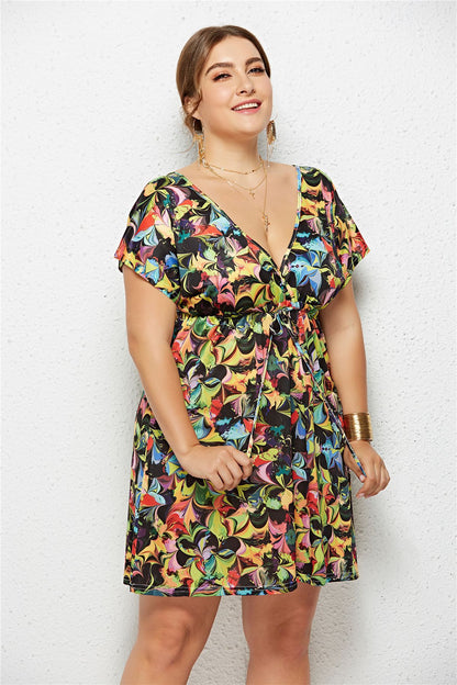 Deep V-Neck Printed Dress with Elastic Waist - PERSSIA