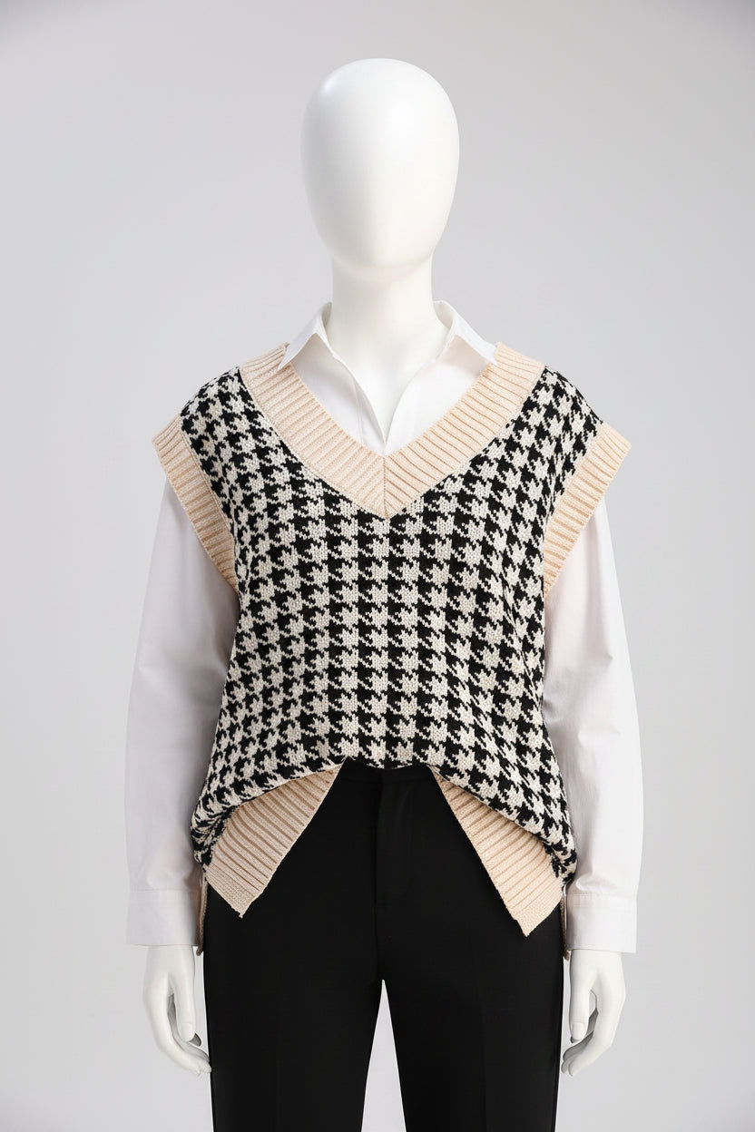 SAFRISIOR Oversized Houndstooth Sweater Vest – Apricot, Chunky Knit, V‑Neck, Sleeveless -US2D