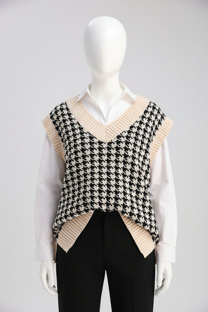 SAFRISIOR Oversized Houndstooth Sweater Vest – Apricot, Chunky Knit, V‑Neck, Sleeveless -US2D
