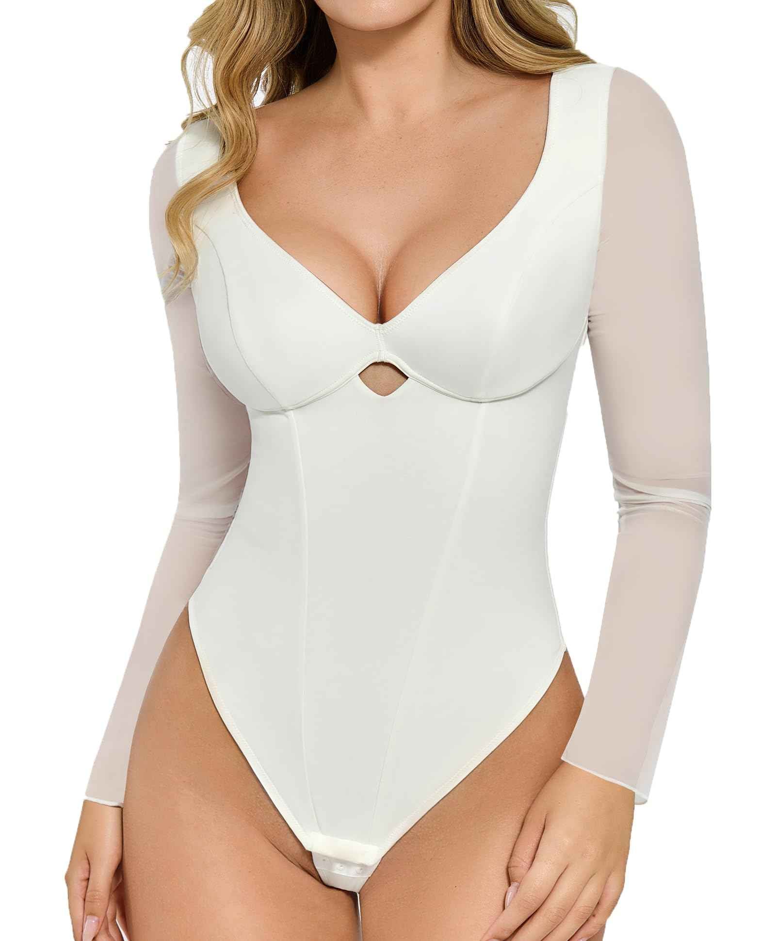 “NOCTURNA™ MESHSCULPT BODYSUIT” Popilush Long Sleeve Body Suits Womens Shapewear Bodysuit Tummy Control Going Out Mesh Corset Bodysuits for Women Tops V Neck Cutout Fall Winter White