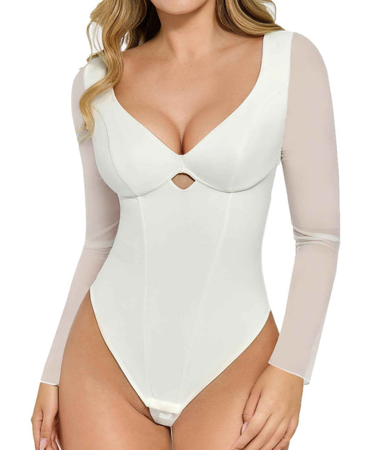 “NOCTURNA™ MESHSCULPT BODYSUIT” Popilush Long Sleeve Body Suits Womens Shapewear Bodysuit Tummy Control Going Out Mesh Corset Bodysuits for Women Tops V Neck Cutout Fall Winter White