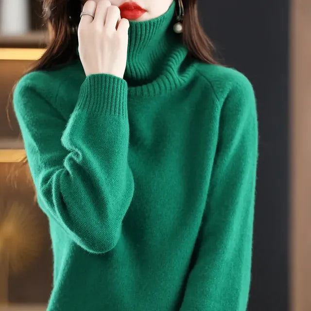 Womens 100 % Merino Wool High Neck Sweater Top-INT8