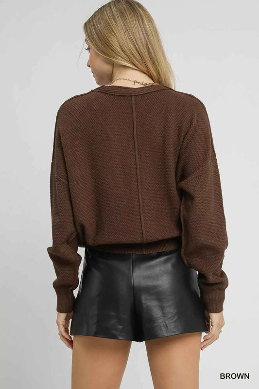 Umgee Chunky Cable Knit V-Neck Button-Up Cardigan - TreUS