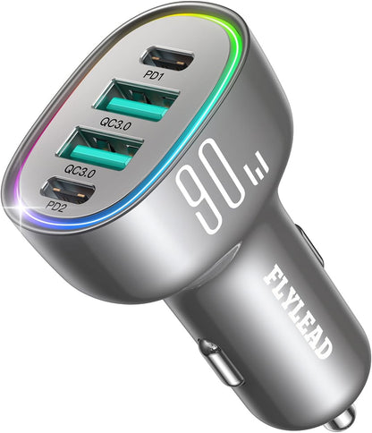 Car Charger USB C 90W 4-Port Car Phone Charger Compatible with Iphone 16/15/14/13/12 Pro Max plus [A Must for Family Travel] Super Fast Charging Cigarette Lighter Adapter Port