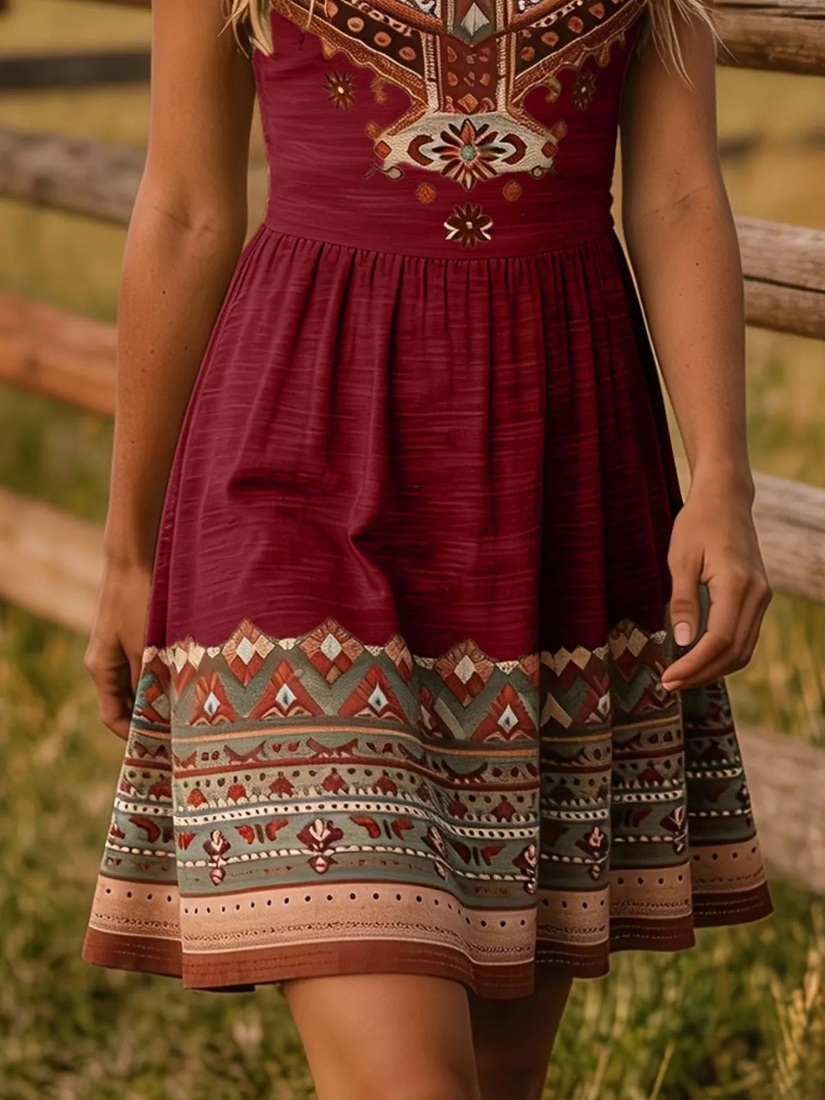 A woman wearing a sleeveless bohemian-style mini dress in deep burgundy, featuring intricate geometric and tribal patterns in rust, beige, and sage green along the neckline and hem, set against a blurred outdoor background of a wooden fence and grass.