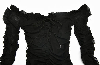Fashionable Sheer Ruffle Long Sleeve Deep V Dress