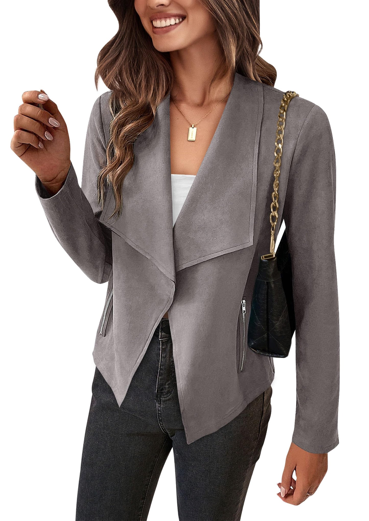 Perssia SuedeFlow™ Women’s Cropped Waterfall Jacket — 2024 Faux Suede Fall Coat (Grey) - PERSSIA