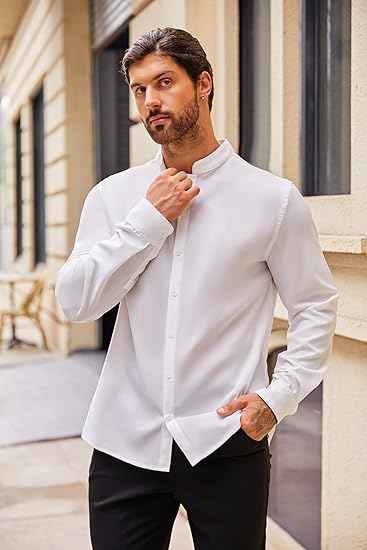 Perssia Men’s Wrinkle‑Free Dress Shirt — Long Sleeve • Button‑Down • Banded Collar