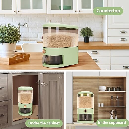 Perssia GrainMaster™ 25‑Lb Rice & Cereal Dispenser (Green) with Measuring Cup & Time Scale Measuring Cylinder Built-in Fresh Box Moisture Proof Dry Food Rice Container for Home Kitchen Pantry - PERSSIA