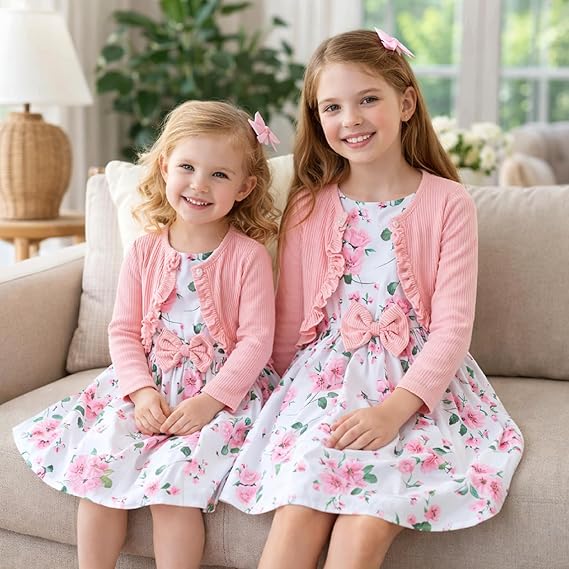 Perssia LittleBloom™ Two‑Piece Dress & Ruffle Cardigan Set — Pink (Ages 2–8) - PERSSIA