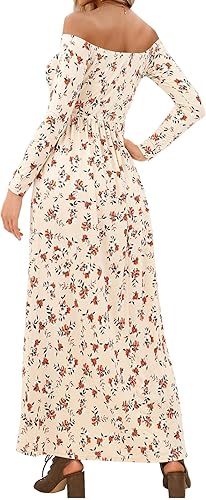 Perssia ApricotBloom™ Off‑Shoulder Bohemian Dress with Pockets Long Sleeve Beach Swing Dresses Floral Apricot S - PERSSIA