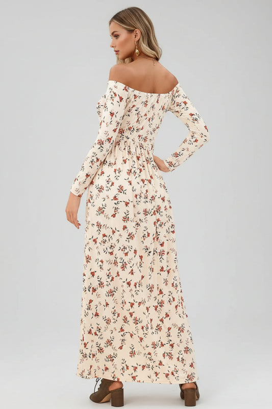 Perssia ApricotBloom™ Off‑Shoulder Bohemian Dress with Pockets Long Sleeve Beach Swing Dresses Floral Apricot S - PERSSIA