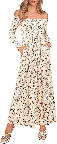 Perssia ApricotBloom™ Off‑Shoulder Bohemian Dress with Pockets Long Sleeve Beach Swing Dresses Floral Apricot S - PERSSIA