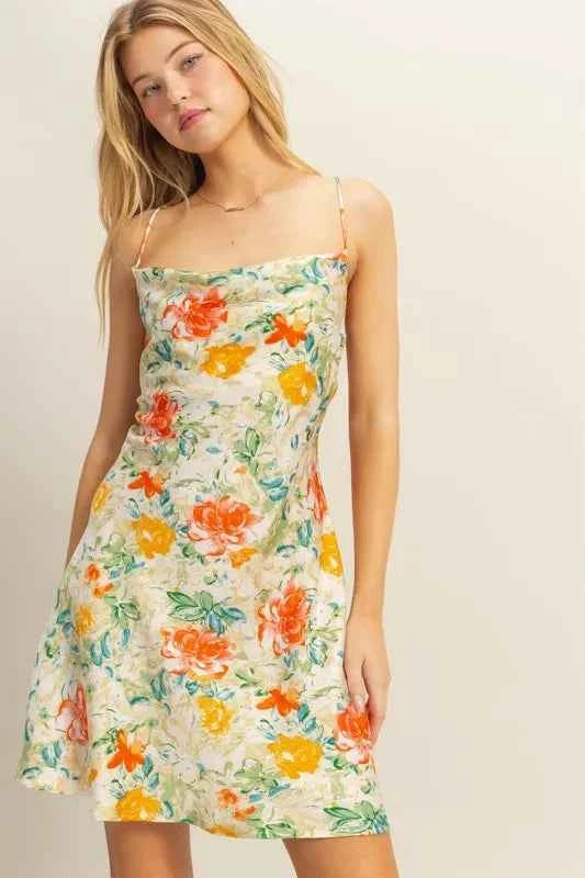 HYFVE Floral Cowl Neck Flirty Satin Mini Dress – Apple Green - TreUS