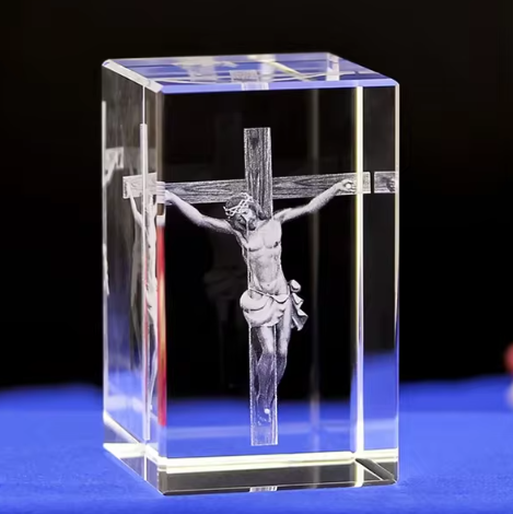 Perssia CrystalFaith™ — 3D Engraved Jesus &amp; Cross Crystal Ornaments (White Crystal | 50×50×80 mm) - PERSSIA