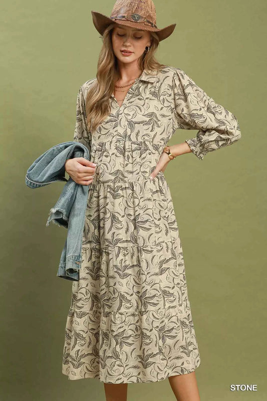 Umgee Linen Botanical Print Tiered Midi Dress - TreUS