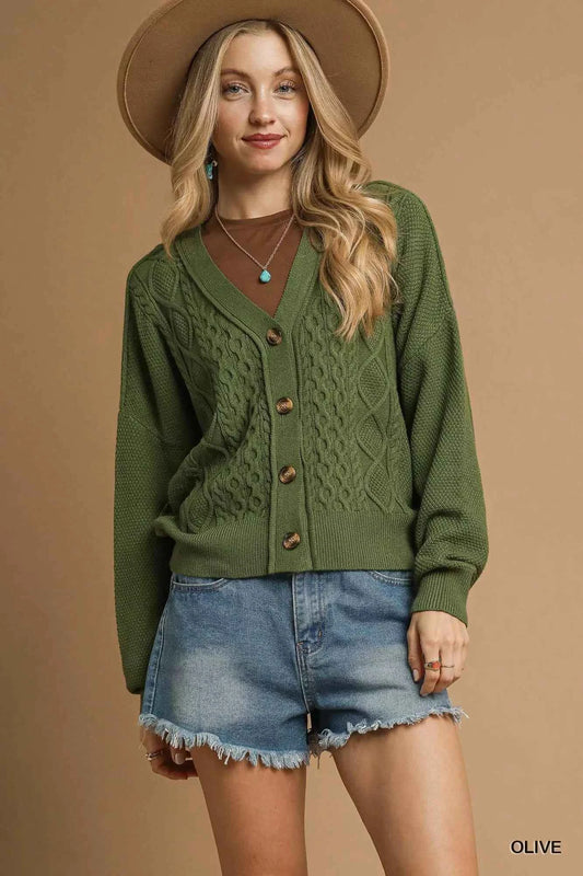 Umgee Chunky Cable Knit V-Neck Button-Up Cardigan - TreUS