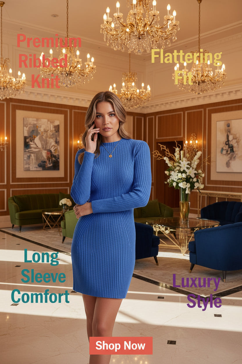 Saodimallsu Long Sleeve Knit Sweater Dress – Blue, Bodycon Crew Neck, Fall/Winter Knit -US2D