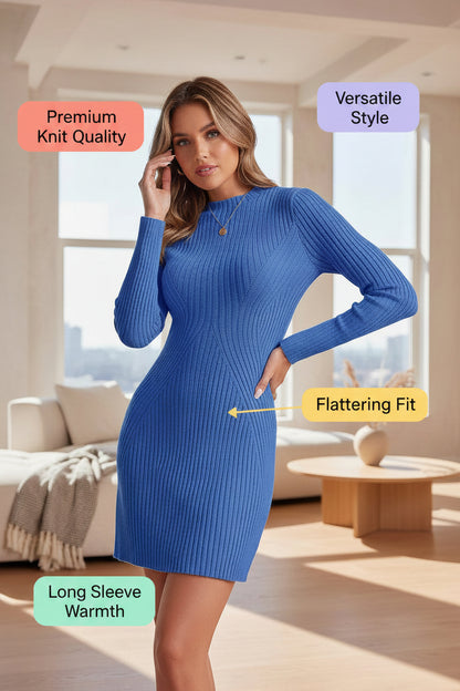 Saodimallsu Long Sleeve Knit Sweater Dress – Blue, Bodycon Crew Neck, Fall/Winter Knit -US2D