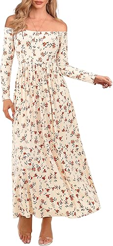 Perssia ApricotBloom™ Off‑Shoulder Bohemian Dress with Pockets Long Sleeve Beach Swing Dresses Floral Apricot S - PERSSIA