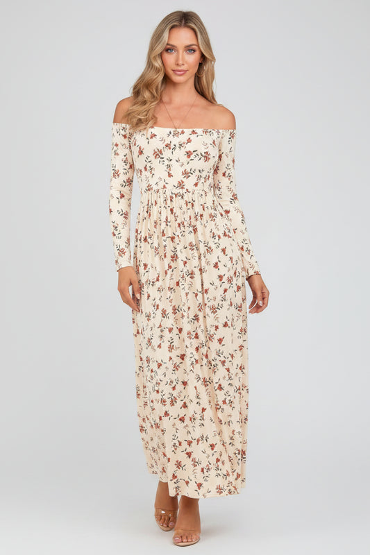 Perssia ApricotBloom™ Off‑Shoulder Bohemian Dress with Pockets Long Sleeve Beach Swing Dresses Floral Apricot S - PERSSIA