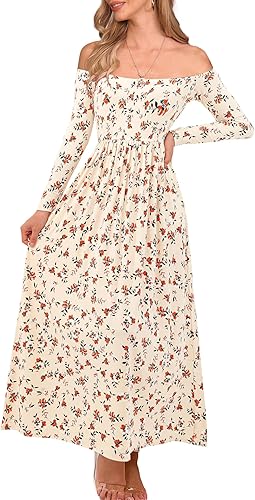 Perssia ApricotBloom™ Off‑Shoulder Bohemian Dress with Pockets Long Sleeve Beach Swing Dresses Floral Apricot S - PERSSIA