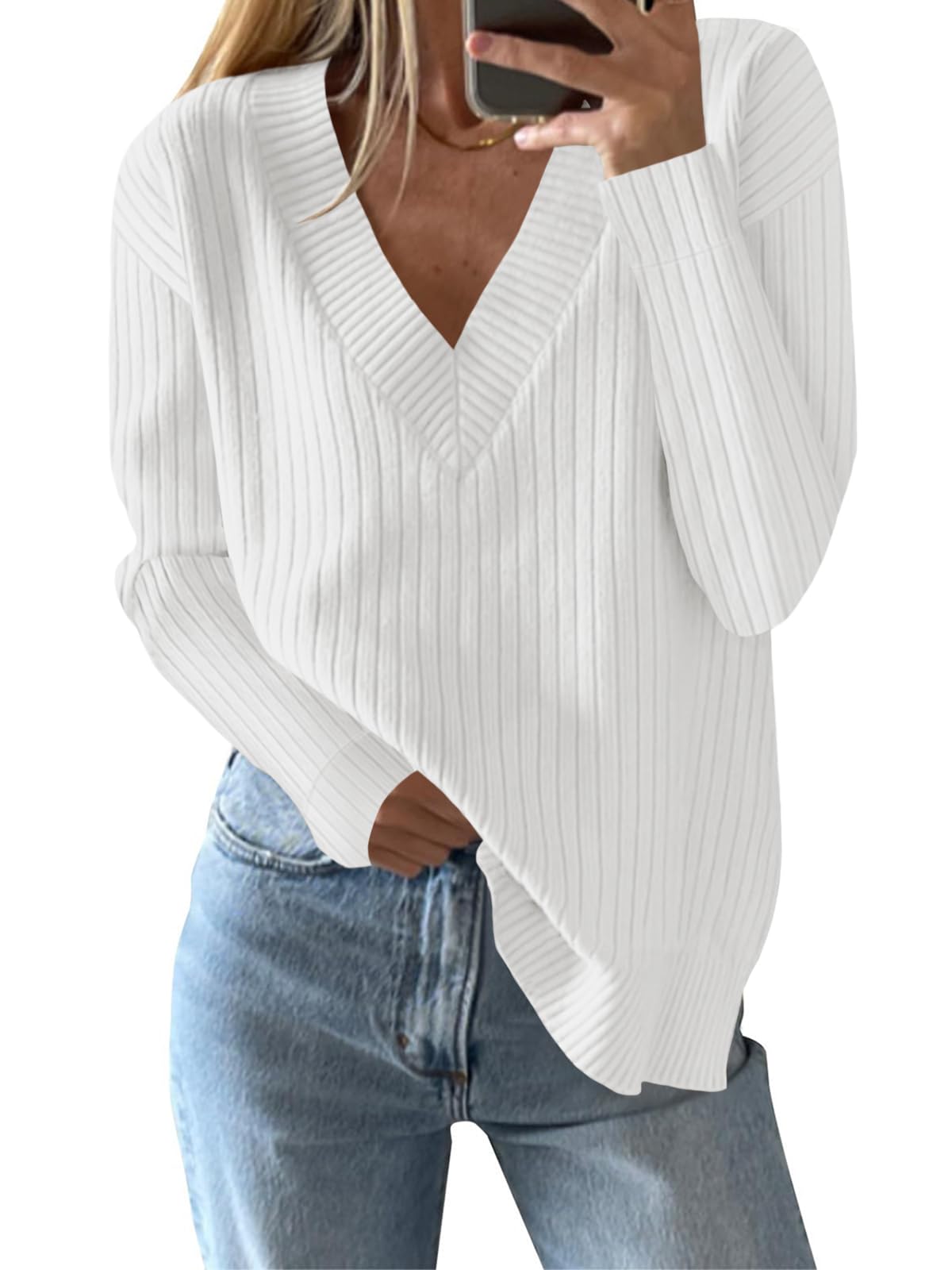 Saodimallsu Womens V Neck Sweater 2024 Fall Oversized Ribbed Knit Trendy Slit Casual Loose Fit Long Sleeve Pullover Top White-US