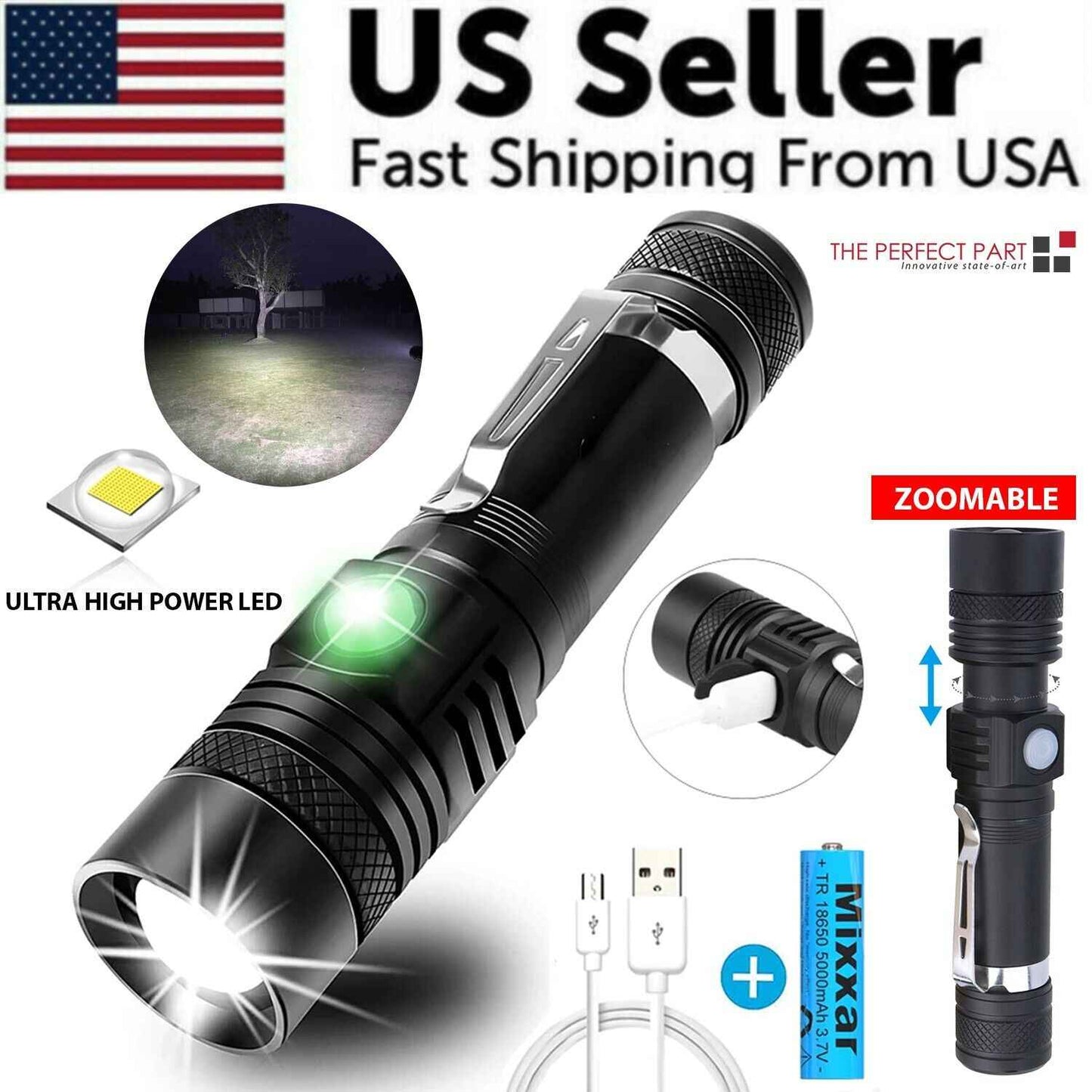 90000LM Tactical Flashlight — Super Bright Zoomable LED with