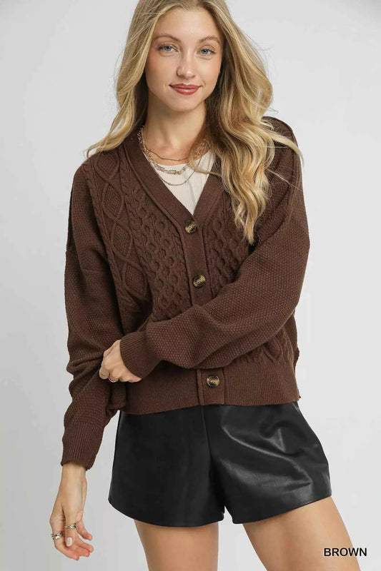 Umgee Chunky Cable Knit V-Neck Button-Up Cardigan - TreUS