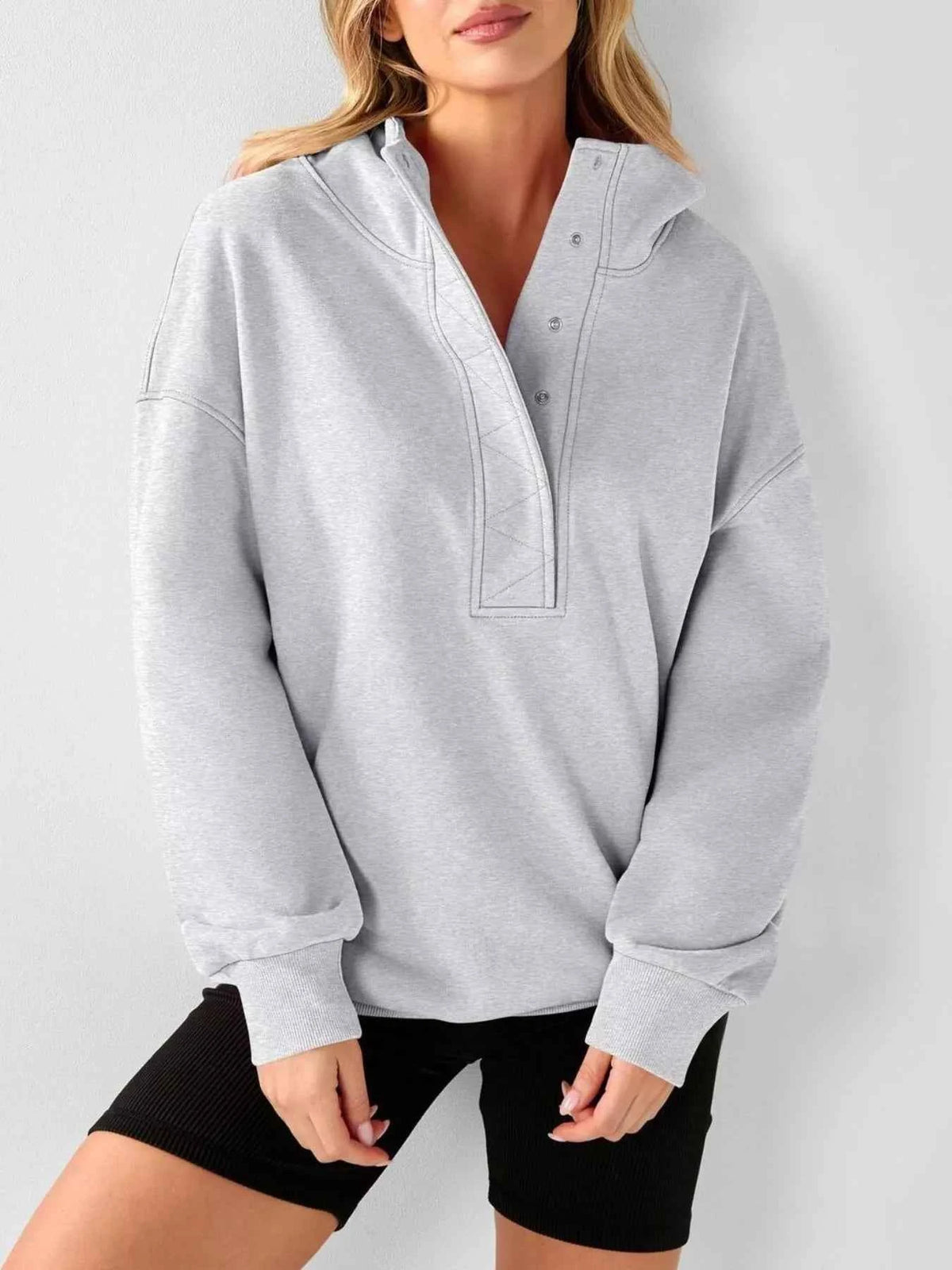 Half Snap Dropped Shoulder Hoodie-Tre(INT8D)